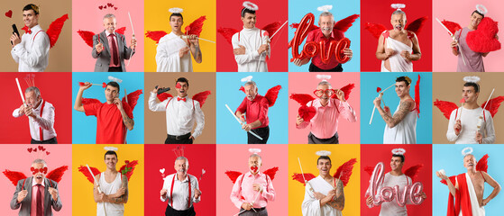 Collage of men dressed as Cupid on color background. Valentines Day celebration