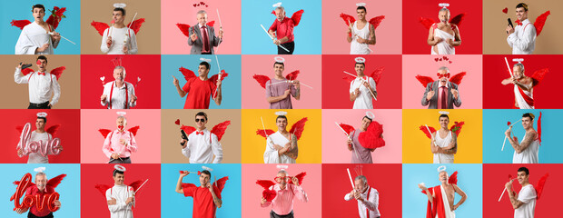 Collage of men dressed as Cupid on color background. Valentines Day celebration