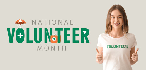 Young female volunteer showing thumb-up on light background. Banner for National Volunteer Month