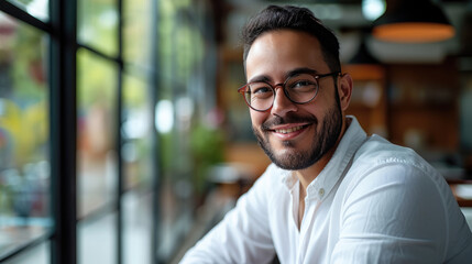 Obraz premium Smiling man with a beard and glasses, wearing a white shirt, against a softly blurred indoor background.