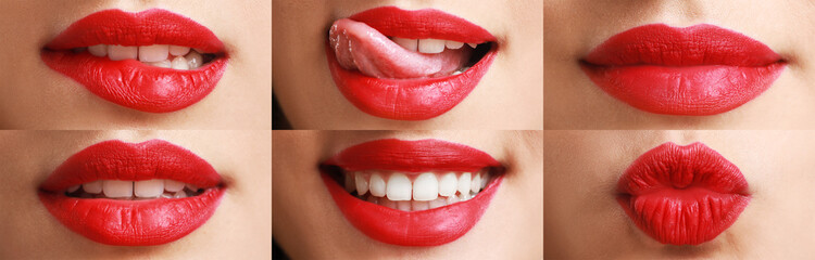 Obraz premium Collage of young woman's face with red lipstick, closeup