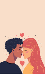 Vector banner love card beautiful couple in love, woman and man, people celebrate Valentine's Day on February 14th. Vector illustration of space for text in flat style