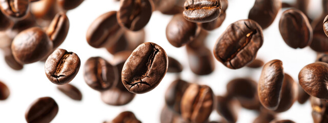 Close-up of scattered roasted coffee beans on a white background, with a central bean in sharp...