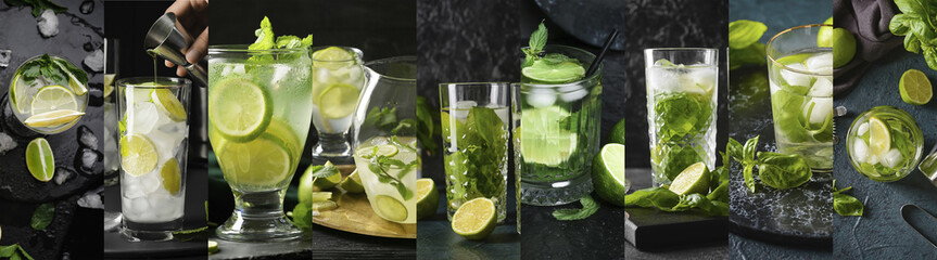 Collage of glasses with refreshing mojito on dark background