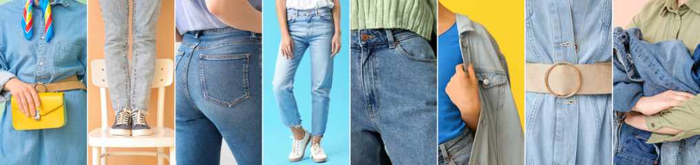 Collage of people in stylish jeans clothes on color background
