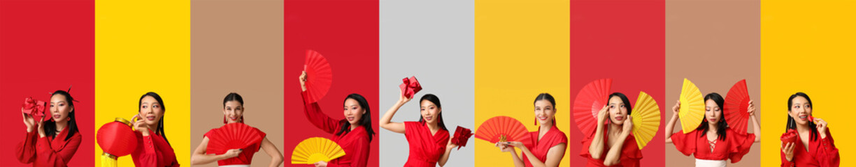 Collage of beautiful Asian women with Chinese symbols and gifts on color background. New Year...