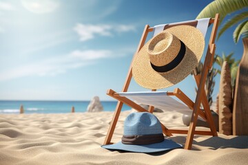 Fototapeta na wymiar A beach scene showcasing a chair, hat, and sunglasses