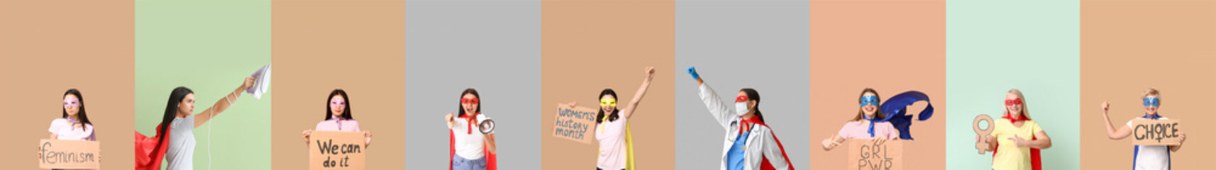 Set of women on color background. Concept of feminism