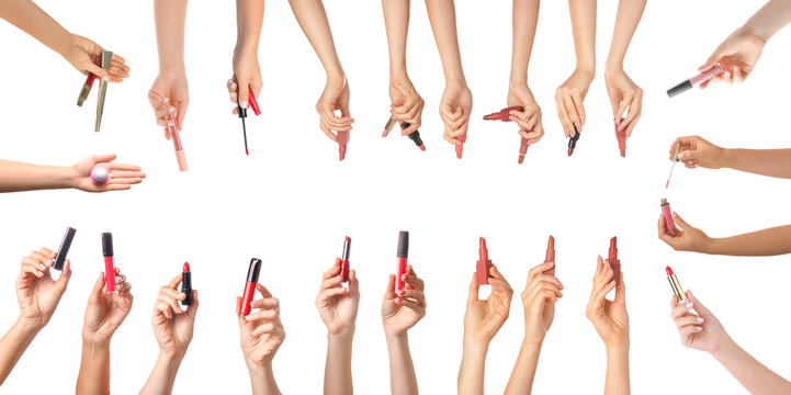 Collage of hands with lipsticks and mascara on white background. Banner for design