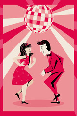 Template for invitation, banner, poster. Loving couple dancing at a party. Retro-style. Minimalism. 