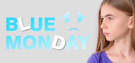 Banner for Blue Monday with sad teenage girl