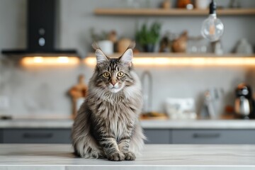 Gorgeous gray Maine Coon cat sitting on the wooden table on the modern kitchen