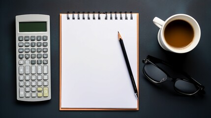 Stylish Workspace Flatlay – Overhead View of Modern Office Essentials and Strong Coffee Mug for Productivity Boost