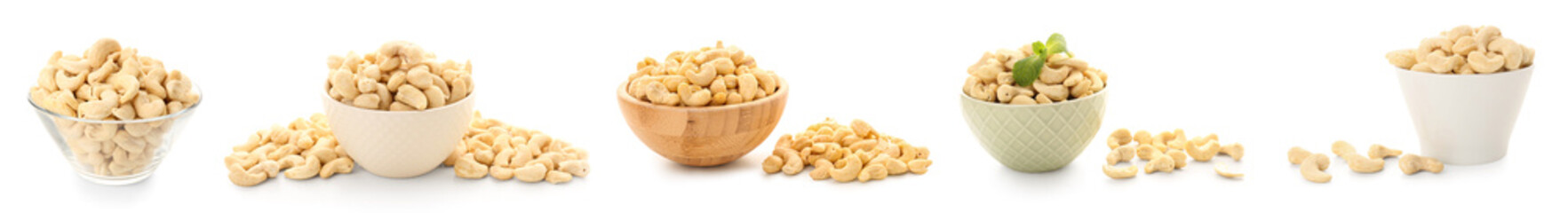 Collage of tasty cashew nuts in bowls on white background