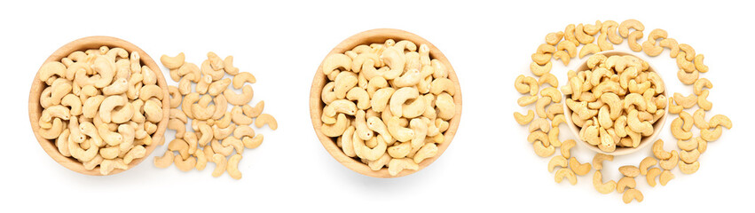 Collage of tasty cashew nuts in bowls on white background, top view