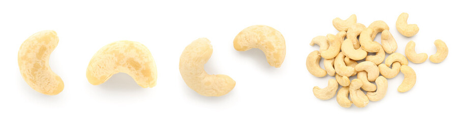 Collage of tasty cashew nuts on white background