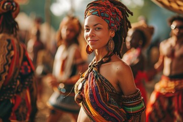 Cultural heritage party of woman in traditional African attire exudes grace amidst a festival of dance. Wear head band, tribal dress bohemian style and boho bracelets accessories - obrazy, fototapety, plakaty