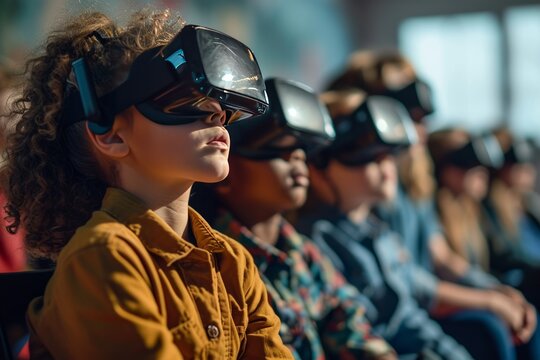 Captivating scene of a child in a mustard jacket in a virtual reality session, showcasing the intersection of education technology VR in enhancing learning and exploration for the younger generation - Powered by Adobe