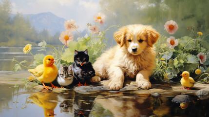Pets including a kitten, dog, and ducklings gathered outdoors during summer 