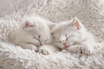 Two charming white kittens sleep together on a beige fluffy blanket in a bed