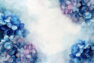 Watercolor hydrangea frame look at the sky. Botanical design. Hand drawn illustration.