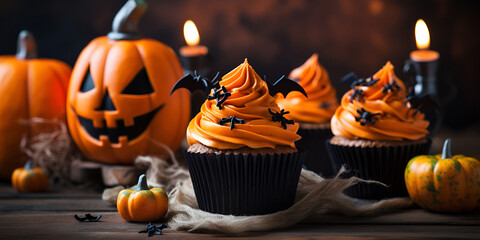 
Halloween cupcakes with pum"Festive Halloween Treats: Cupcakes with Jack-o'-Lantern and Ghost Toppers"pkin Jack o lantern ghost and bat decorations. 