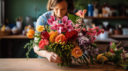 Fototapeta premium The Professional Artistry in the Step-by-Step Process of a Skilled Flower Florist - A Portrait of Female Shop Owner Crafting Beautiful Bouquets in a Modern Floral Composition