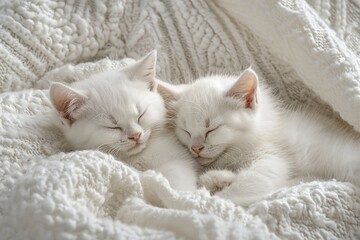 Obraz premium Two charming white kittens sleep together on a beige knitted blanket in a bed