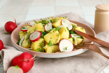 Plate of tasty Potato Salad with vegetables on table