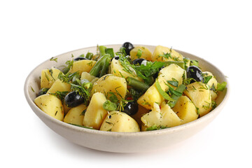 Bowl of tasty Potato Salad with vegetables on white background