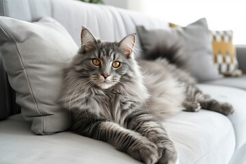 A beautiful grey fluffy cat sitting on the sofa in a modern, minimalistic living room