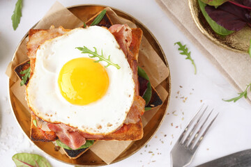 Delicious sandwich with fried egg and bacon on white background