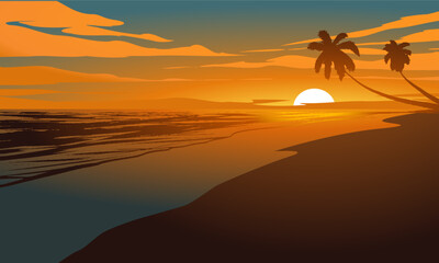 Vector beach landscape illustration. Tropical sunset scenery