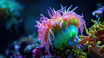 Underwater corals, anemones close-up. Beautiful, neon colors
