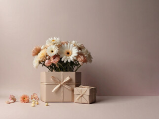 Valentine's Day and Mother's Day concept with flowers and gift boxes on pink pastel background