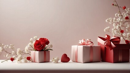 Valentine's Day and Mother's Day concept with flowers and gift boxes on pink pastel background