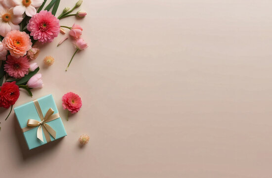 Valentine's Day and Mother's Day concept with flowers and gift boxes on pink pastel background
