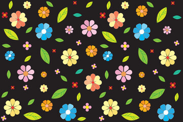Illustration pattern of flower with leaf on black background.