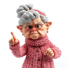 Cartoon 3d character angry granny in a knitted pink sweater on a white background points her finger up
