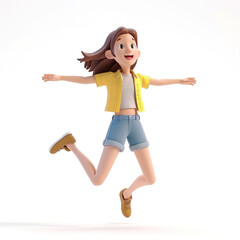 Cartoon 3d character  girl jumping happy on white background
