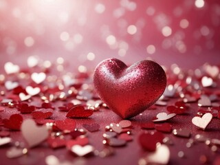 Obraz premium Beautiful 3D heart shapes sparkling and heart particles in blurred light background with space for text. Valentine's Day, Mother's Day or Wedding concept