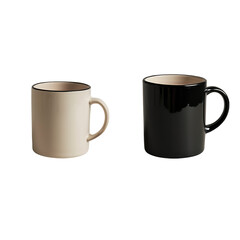 Two plain coffee mugs on a transparent background. One black and one cream coloured.