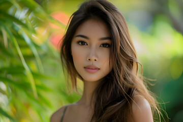 Portrait of beautiful Thai woman with green leaves on the background.