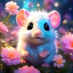 Cute White Mouse rat with flowers in the jungle
