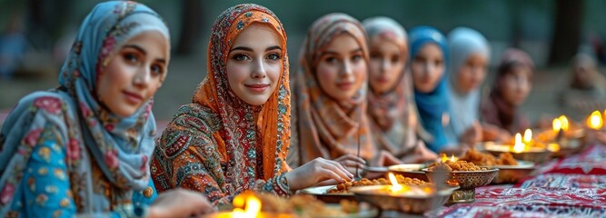 Muslim women celebrating Eid Mubarak pray before eating at an outdoor community feast. - obrazy, fototapety, plakaty