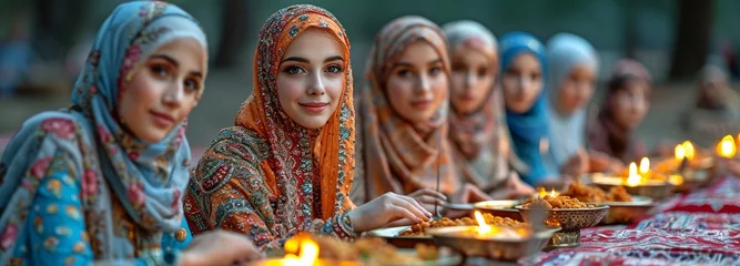 Fotobehang Muslim women celebrating Eid Mubarak pray before eating at an outdoor community feast. © tongpatong