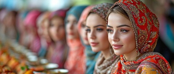 Muslim women celebrating Eid Mubarak pray before eating at an outdoor community feast.