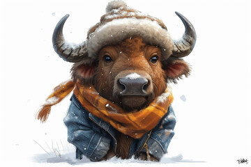 cartoon buffalo wearing winter clothes
