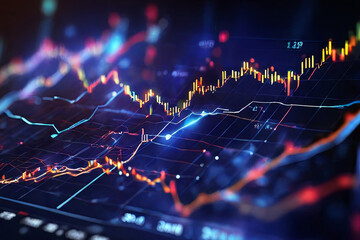Financial Growth Perspective. Dynamic stock market visuals with digital charts and indicators on a dark blue background, symbolizing business investing and data concepts.
