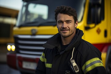 Fototapeta premium A professional firefighter standing in front of a fire engine, ready to respond to emergency
